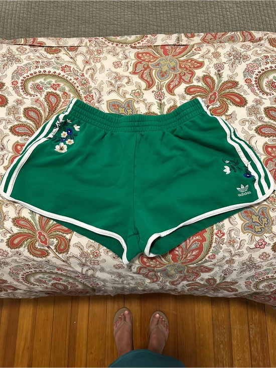adidas Pants - adidas Green Athletic Shorts with White Stripes and Floral Embroidery